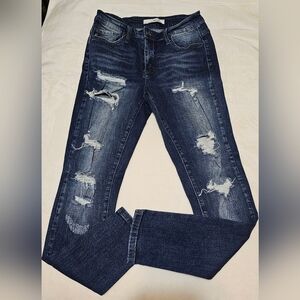 Size 7 KanCan Dark Blue Distressed Skinny Jeans